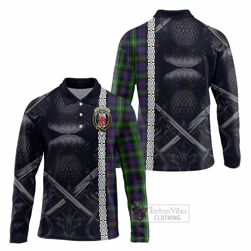 Tartan Vibes Clothing Farquharson Tartan Long Sleeve Polo Shirt with Family Crest Cross Sword Thistle Celtic Vibes