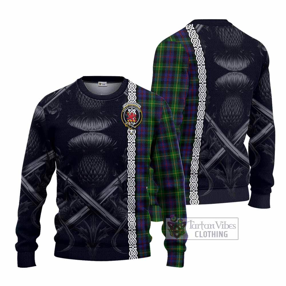 Tartan Vibes Clothing Farquharson Tartan Knitted Sweater with Family Crest Cross Sword Thistle Celtic Vibes