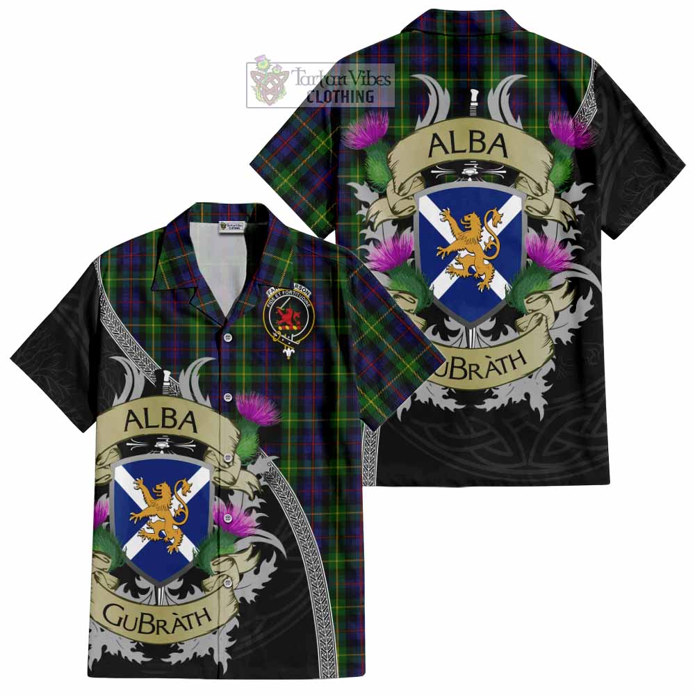 Tartan Vibes Clothing Farquharson Tartan Family Crest Short Sleeve Button Shirt Lion Rampant Royal Thistle Shield Celtic Inspired