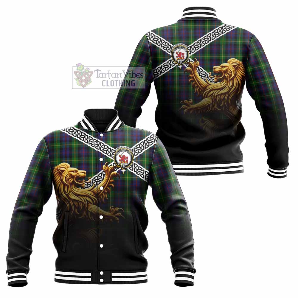 Tartan Vibes Clothing Farquharson Crest Tartan Baseball Jacket with Golden Lion Emblem Celtic Style