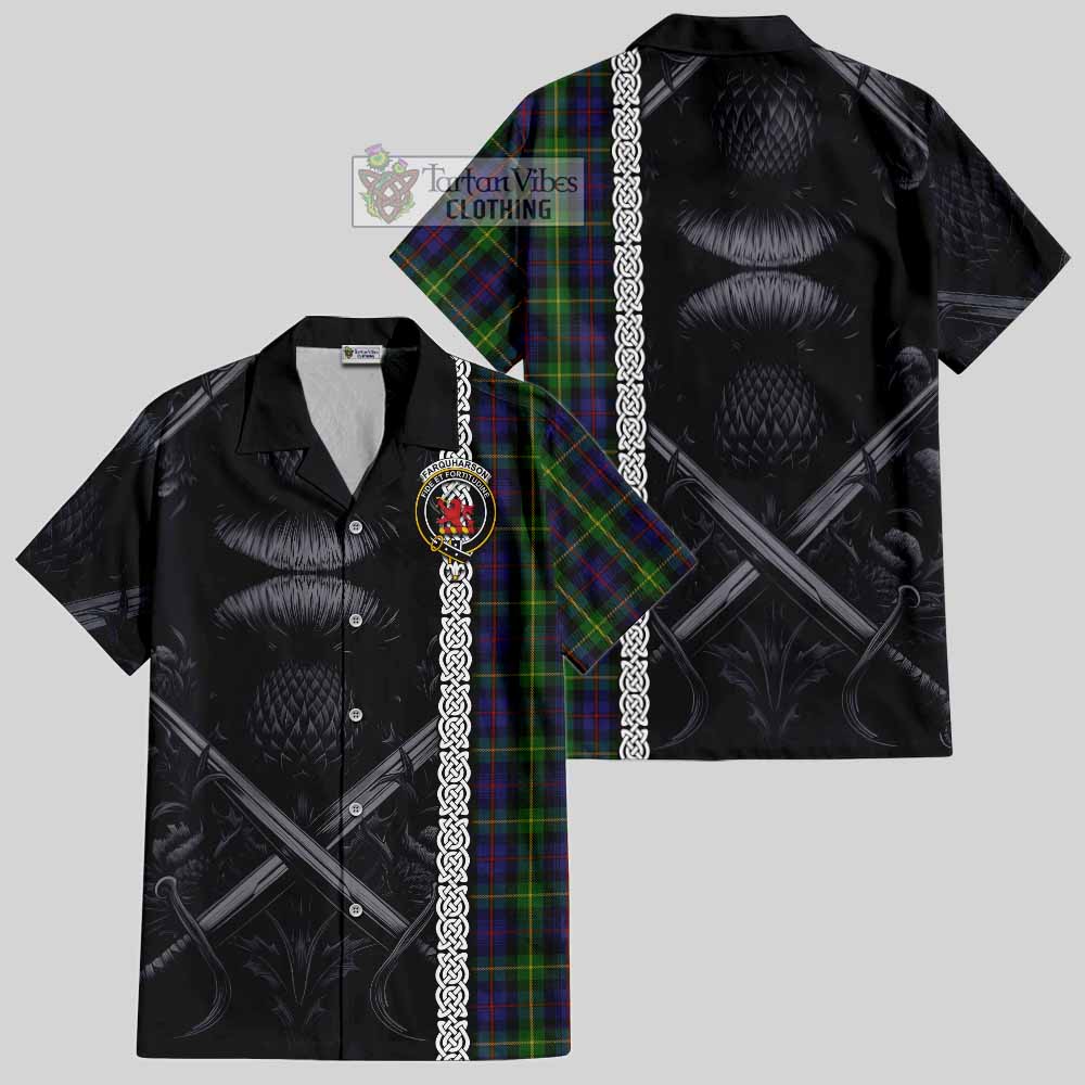 Tartan Vibes Clothing Farquharson Tartan Short Sleeve Button Shirt with Family Crest Cross Sword Thistle Celtic Vibes