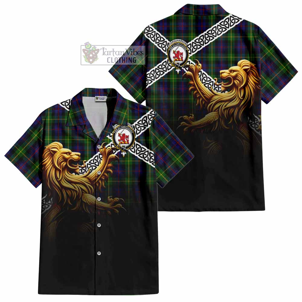 Tartan Vibes Clothing Farquharson Crest Tartan Short Sleeve Button Shirt with Golden Lion Emblem Celtic Style