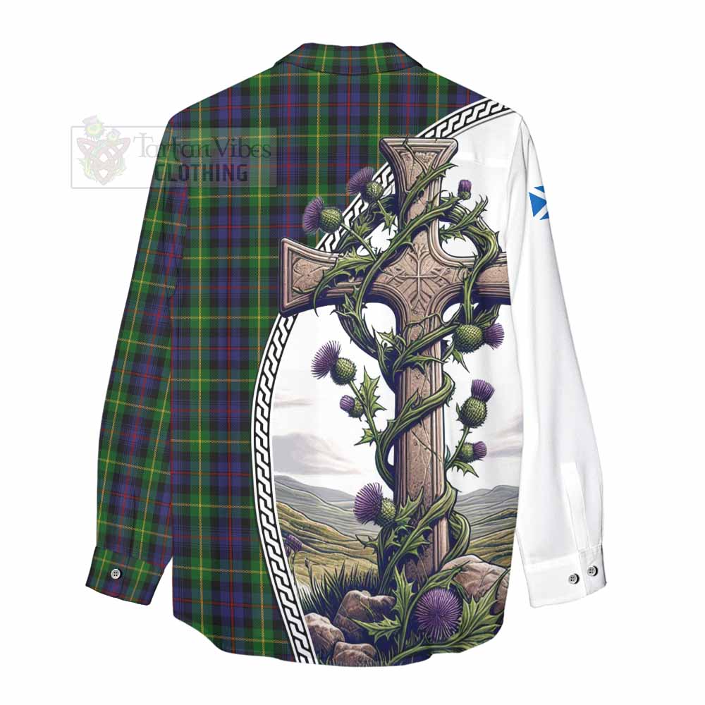 Tartan Vibes Clothing Farquharson Tartan Women's Casual Shirt with Family Crest and St. Andrew's Cross Accented by Thistle Vines