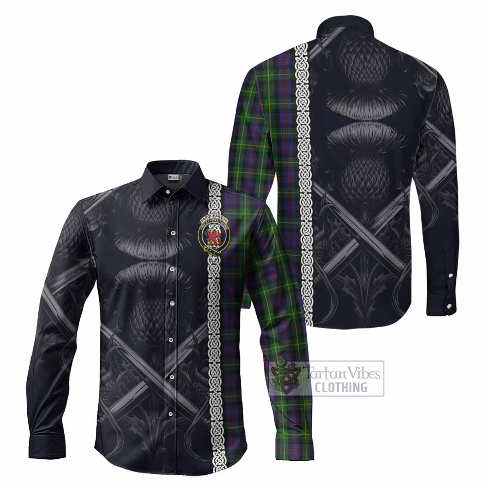 Tartan Vibes Clothing Farquharson Tartan Long Sleeve Button Shirt with Family Crest Cross Sword Thistle Celtic Vibes