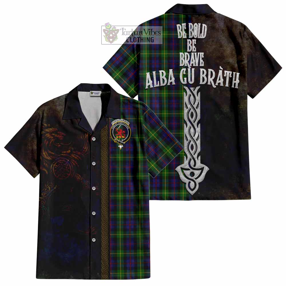 Tartan Vibes Clothing Farquharson Tartan Family Crest Short Sleeve Button Shirt Alba Gu Brath Be Brave Lion Ancient Style