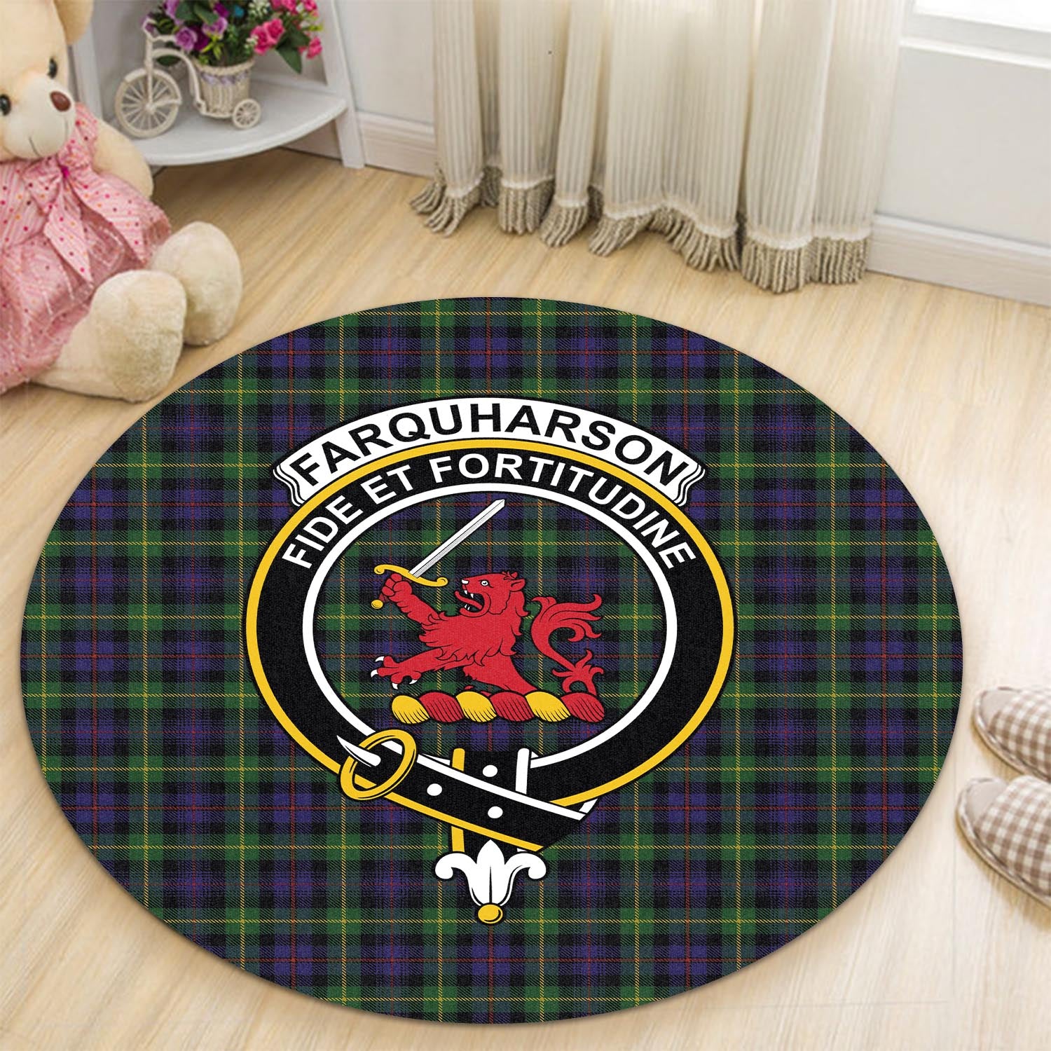 Farquharson Tartan Round Rug with Family Crest - Tartanvibesclothing