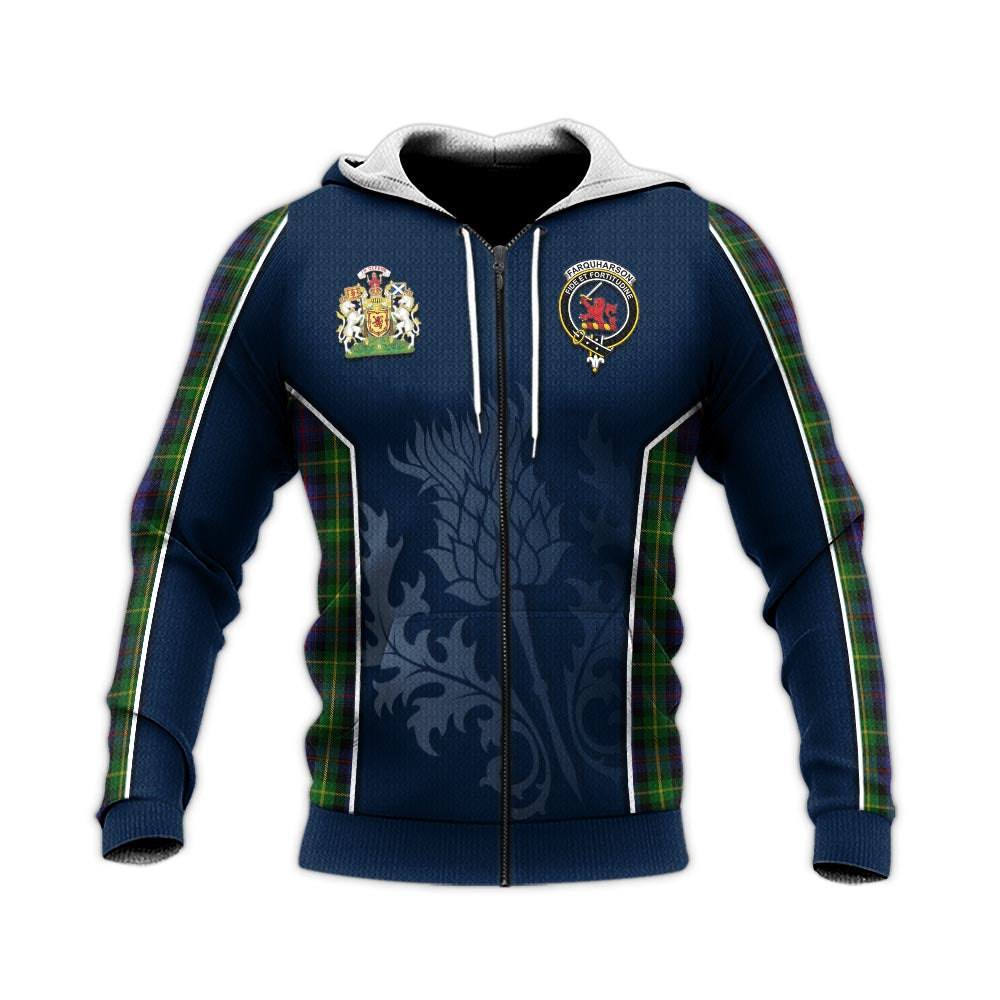 Tartan Vibes Clothing Farquharson Tartan Knitted Hoodie with Family Crest and Scottish Thistle Vibes Sport Style
