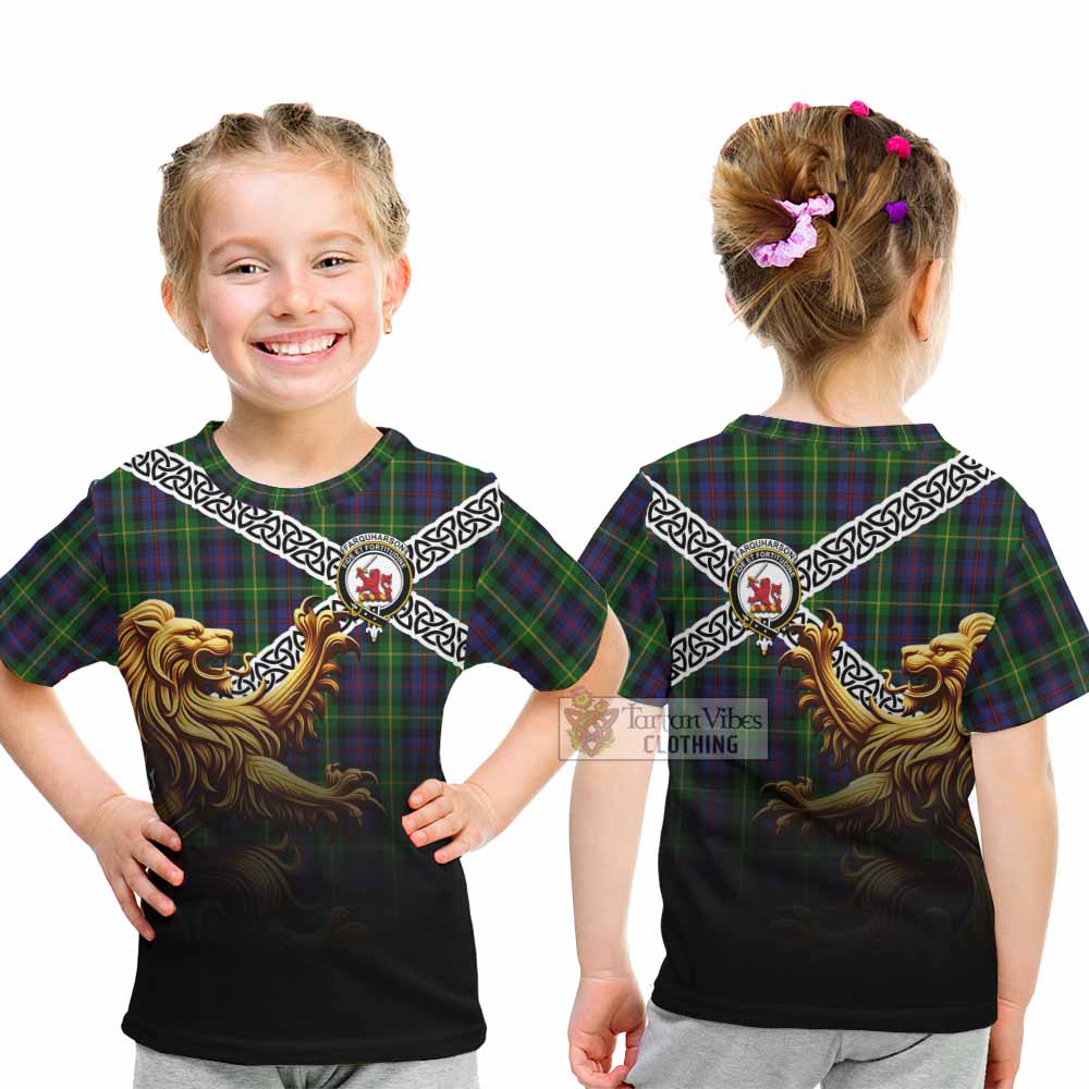 Tartan Vibes Clothing Farquharson Crest Tartan Kid T-Shirt with Golden Lion Emblem Celtic Style