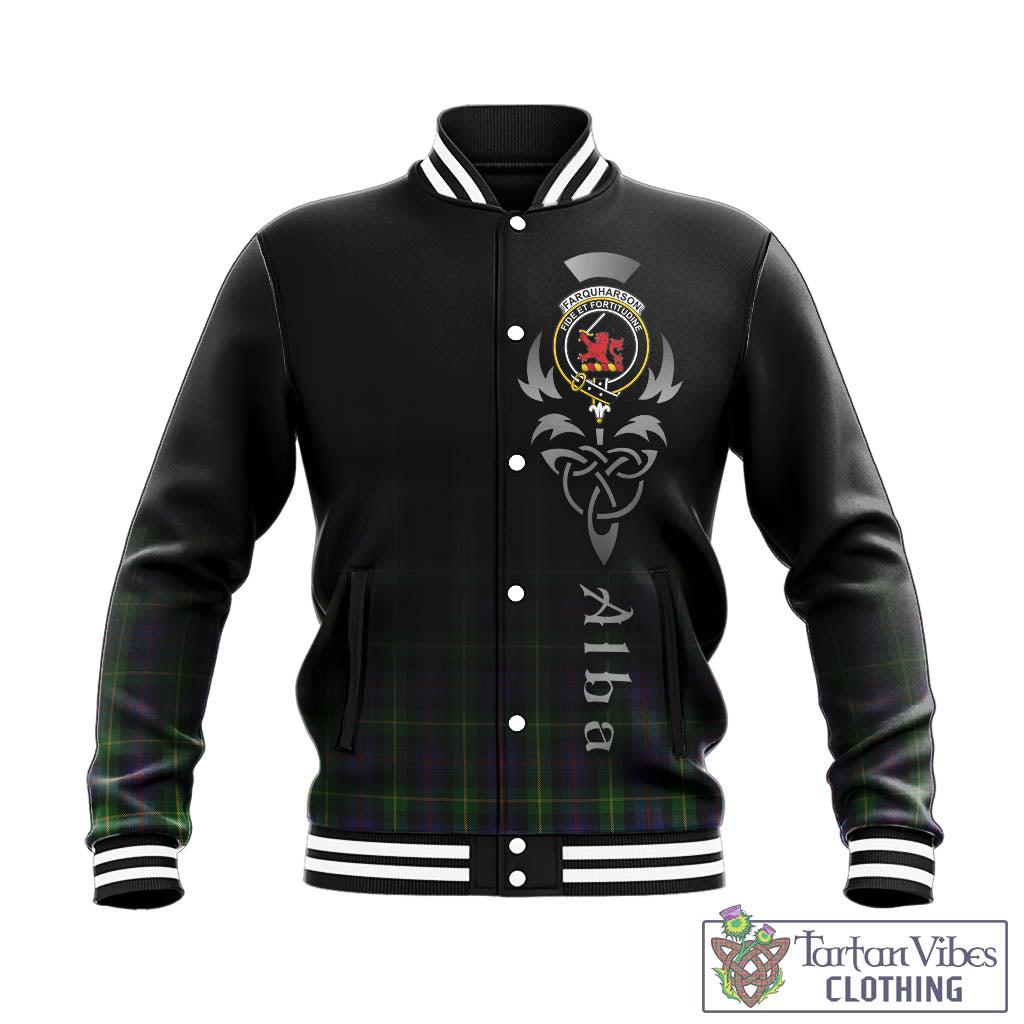 Tartan Vibes Clothing Farquharson Tartan Baseball Jacket Featuring Alba Gu Brath Family Crest Celtic Inspired