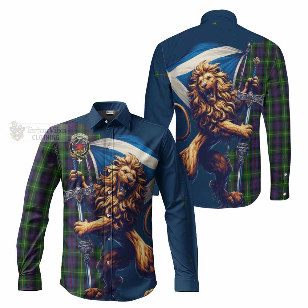 Tartan Vibes Clothing Farquharson Tartan Family Crest Long Sleeve Button Shirt with Scottish Majestic Lion