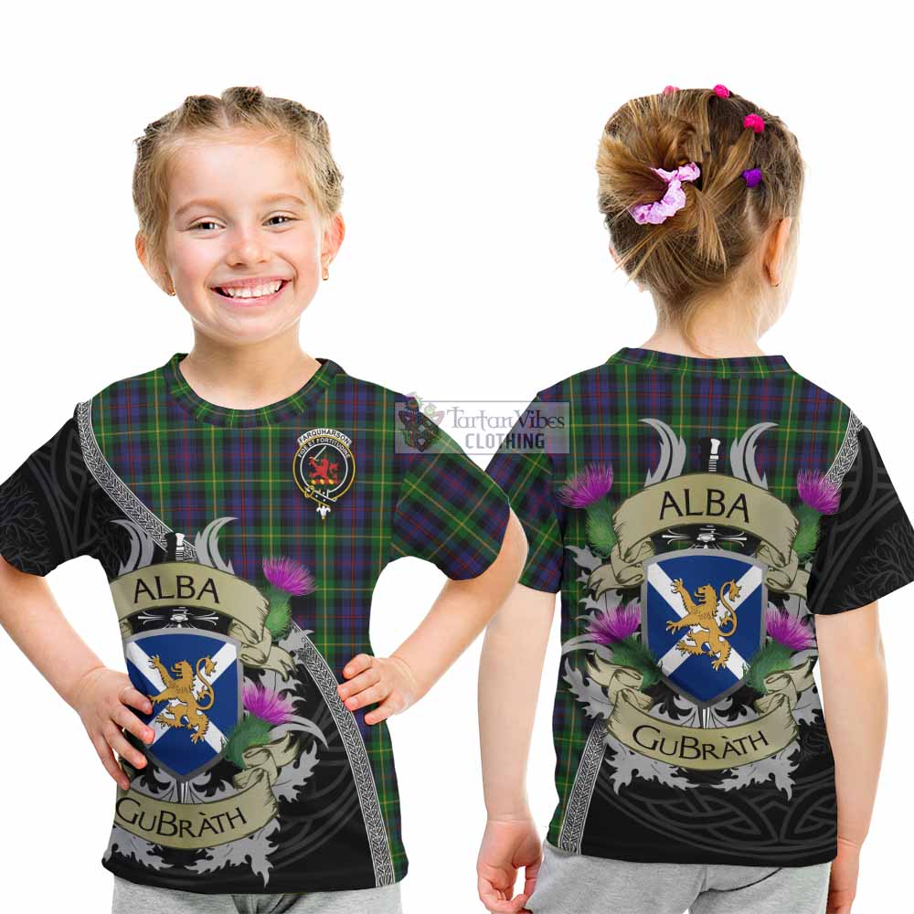 Tartan Vibes Clothing Farquharson Tartan Family Crest Kid T-Shirt Lion Rampant Royal Thistle Shield Celtic Inspired