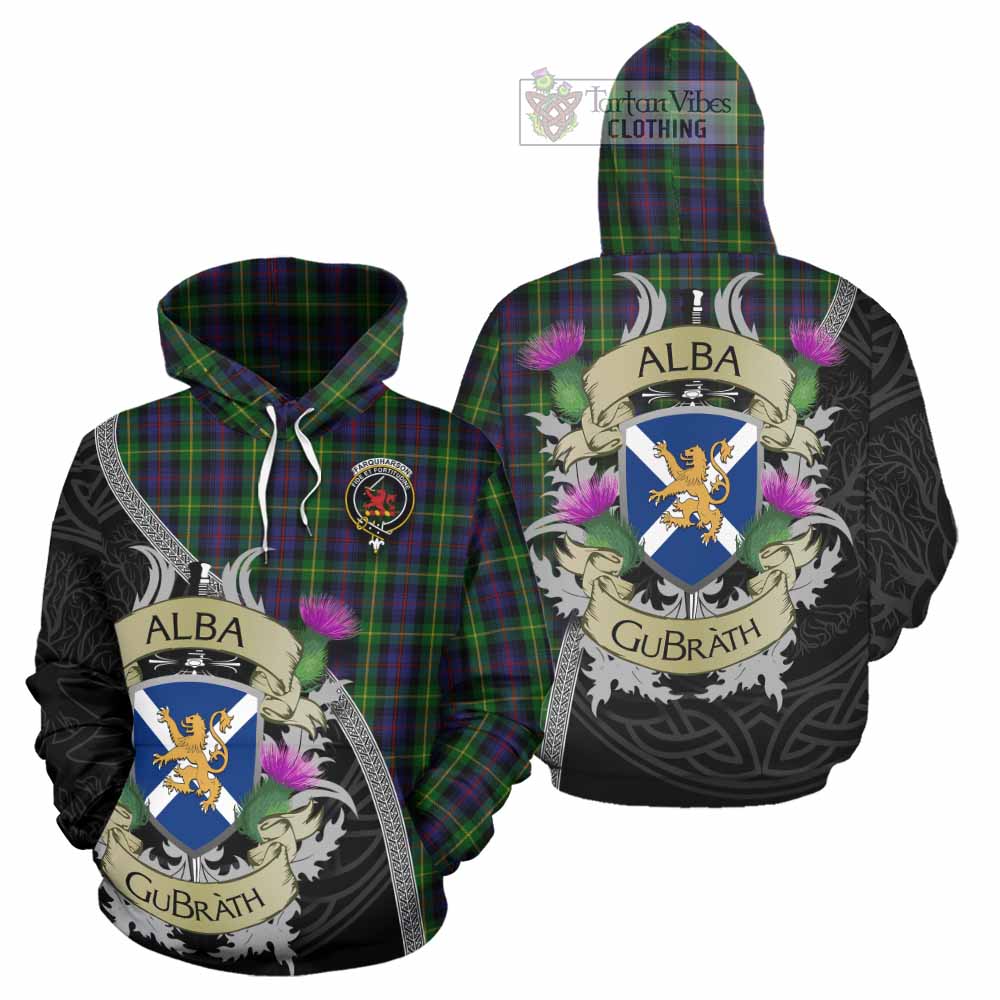 Tartan Vibes Clothing Farquharson Tartan Family Crest Hoodie Lion Rampant Royal Thistle Shield Celtic Inspired