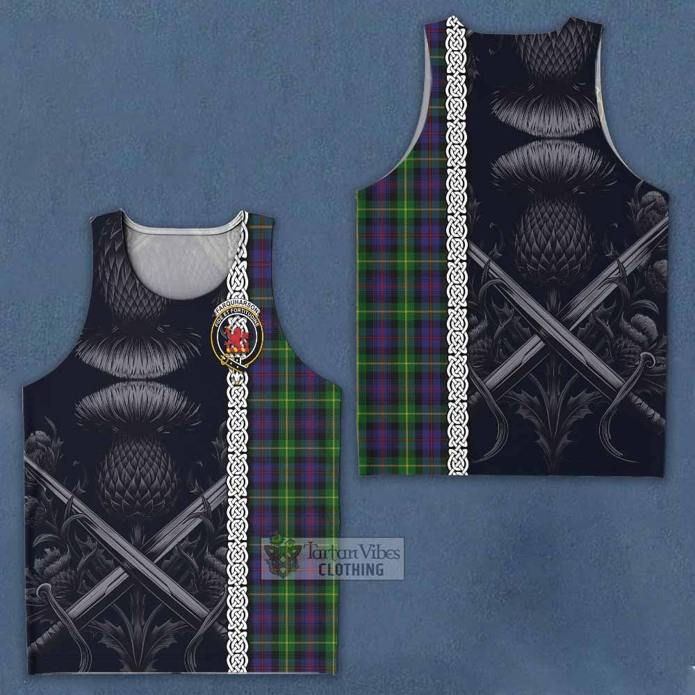 Tartan Vibes Clothing Farquharson Tartan Men's Tank Top with Family Crest Cross Sword Thistle Celtic Vibes