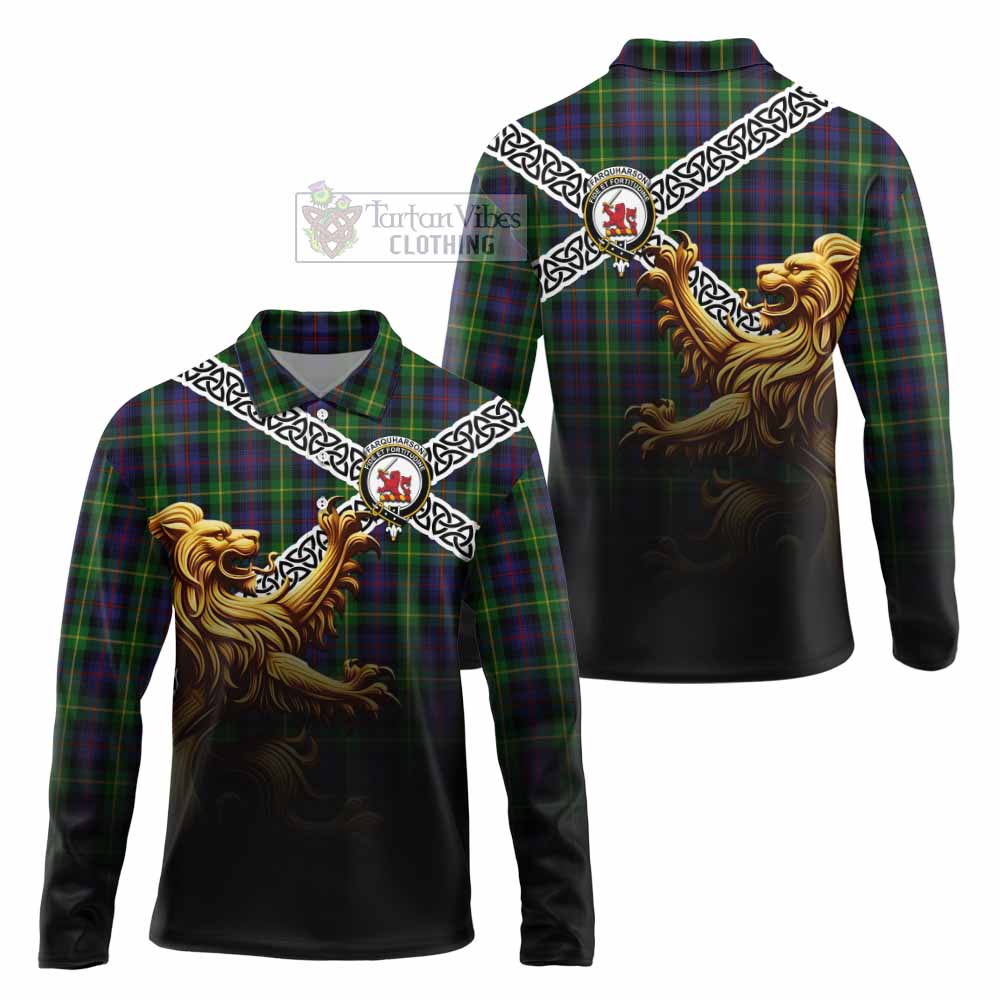 Tartan Vibes Clothing Farquharson Crest Tartan Long Sleeve Polo Shirt with Golden Lion Emblem Celtic Style