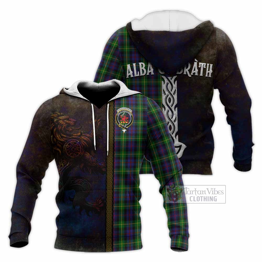 Tartan Vibes Clothing Farquharson Tartan Family Crest Knitted Hoodie Alba Gu Brath Be Brave Lion Ancient Style