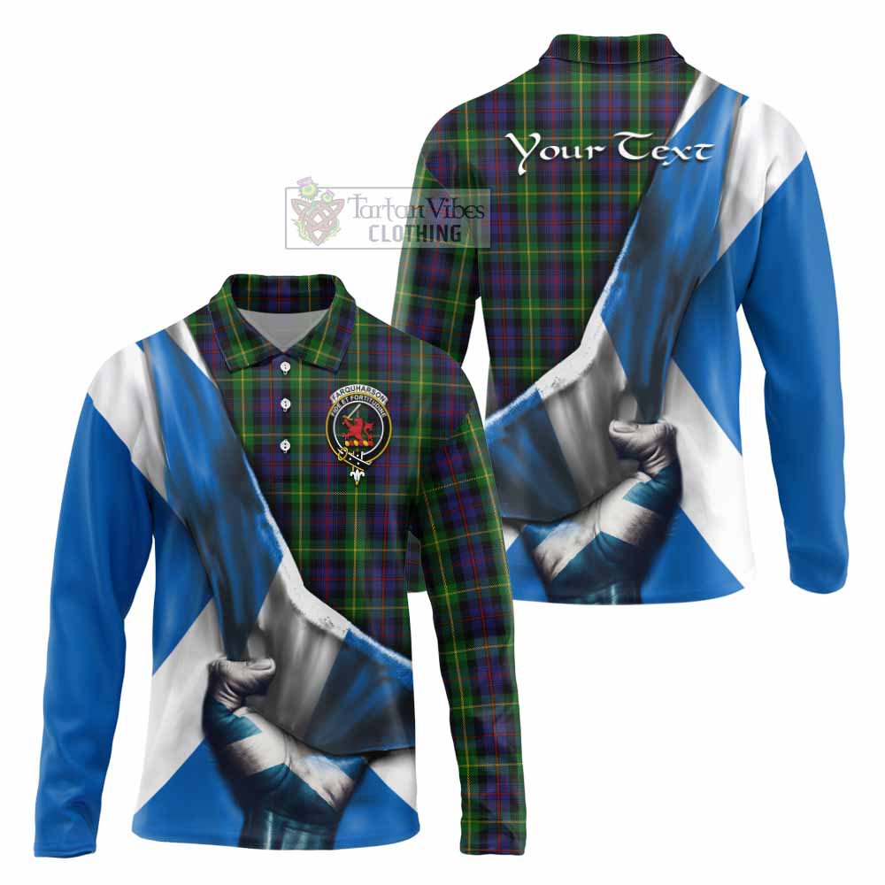 Tartan Vibes Clothing Farquharson Tartan Long Sleeve Polo Shirt with Family Crest Scotland Patriotic Style