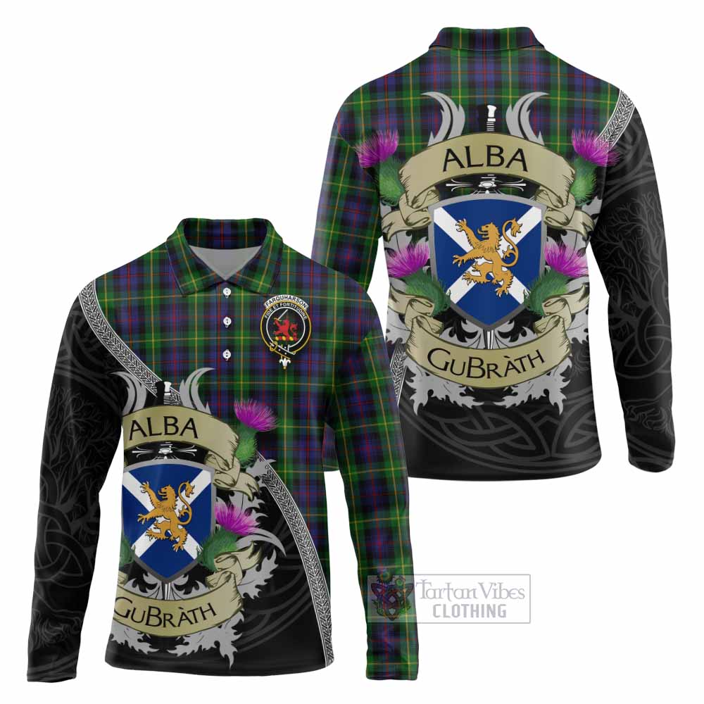 Tartan Vibes Clothing Farquharson Tartan Family Crest Long Sleeve Polo Shirt Lion Rampant Royal Thistle Shield Celtic Inspired