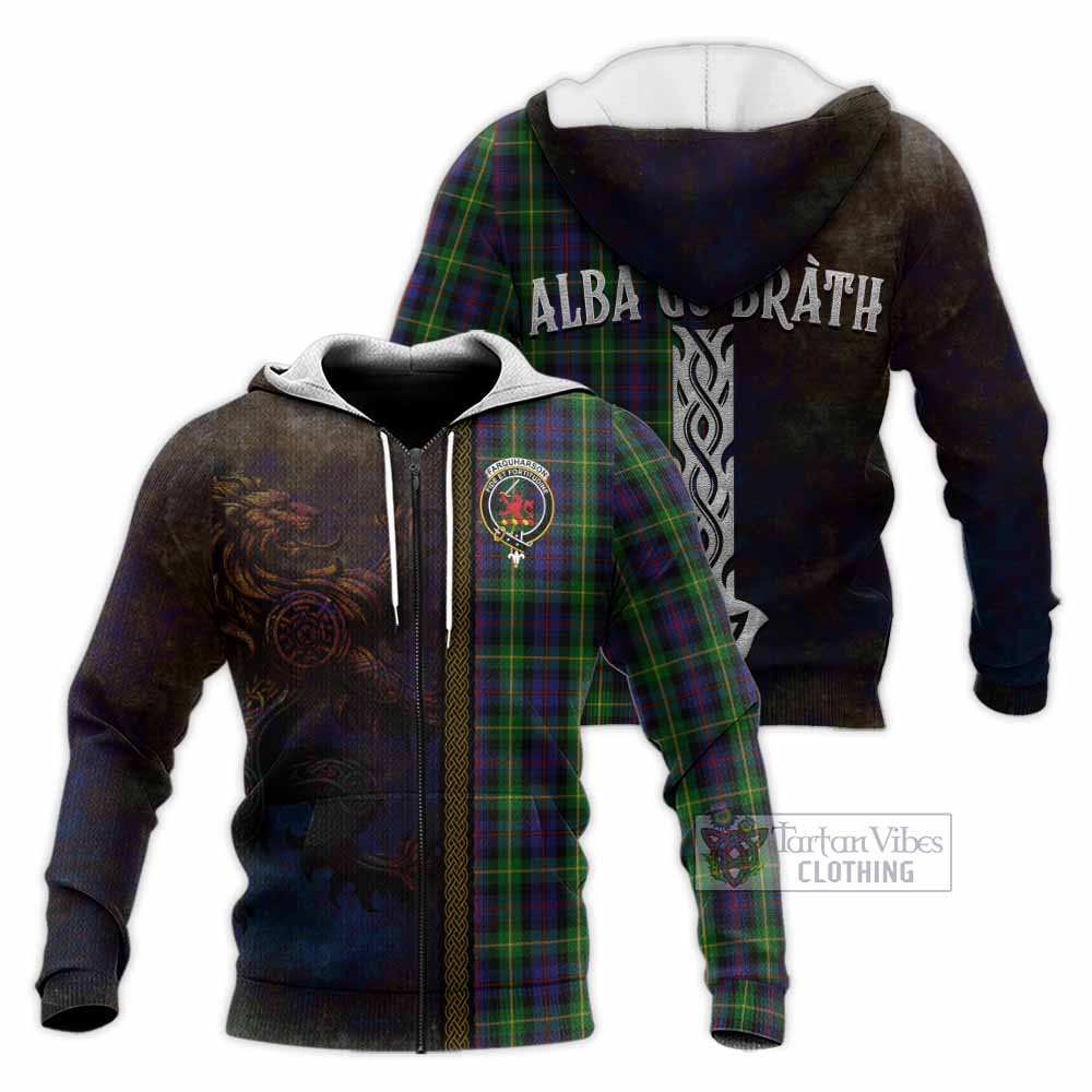 Tartan Vibes Clothing Farquharson Tartan Family Crest Knitted Hoodie Alba Gu Brath Be Brave Lion Ancient Style
