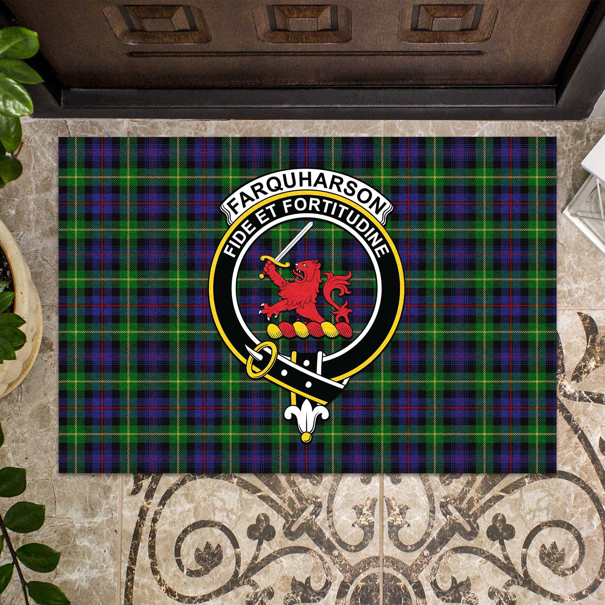 Farquharson Tartan Door Mat with Family Crest - Tartanvibesclothing