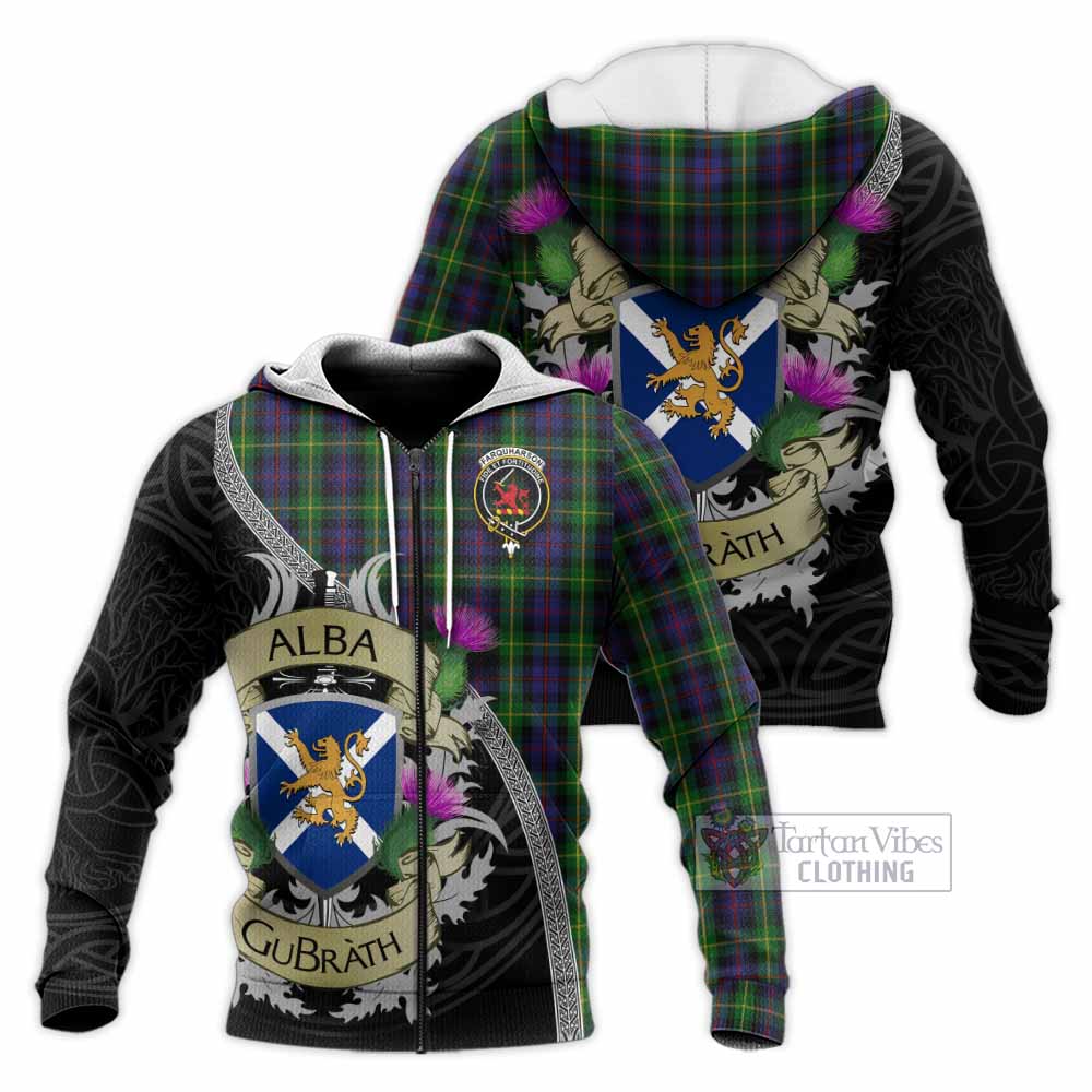 Tartan Vibes Clothing Farquharson Tartan Family Crest Knitted Hoodie Lion Rampant Royal Thistle Shield Celtic Inspired