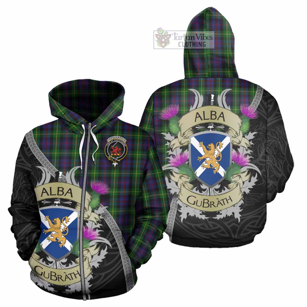 Tartan Vibes Clothing Farquharson Tartan Family Crest Hoodie Lion Rampant Royal Thistle Shield Celtic Inspired