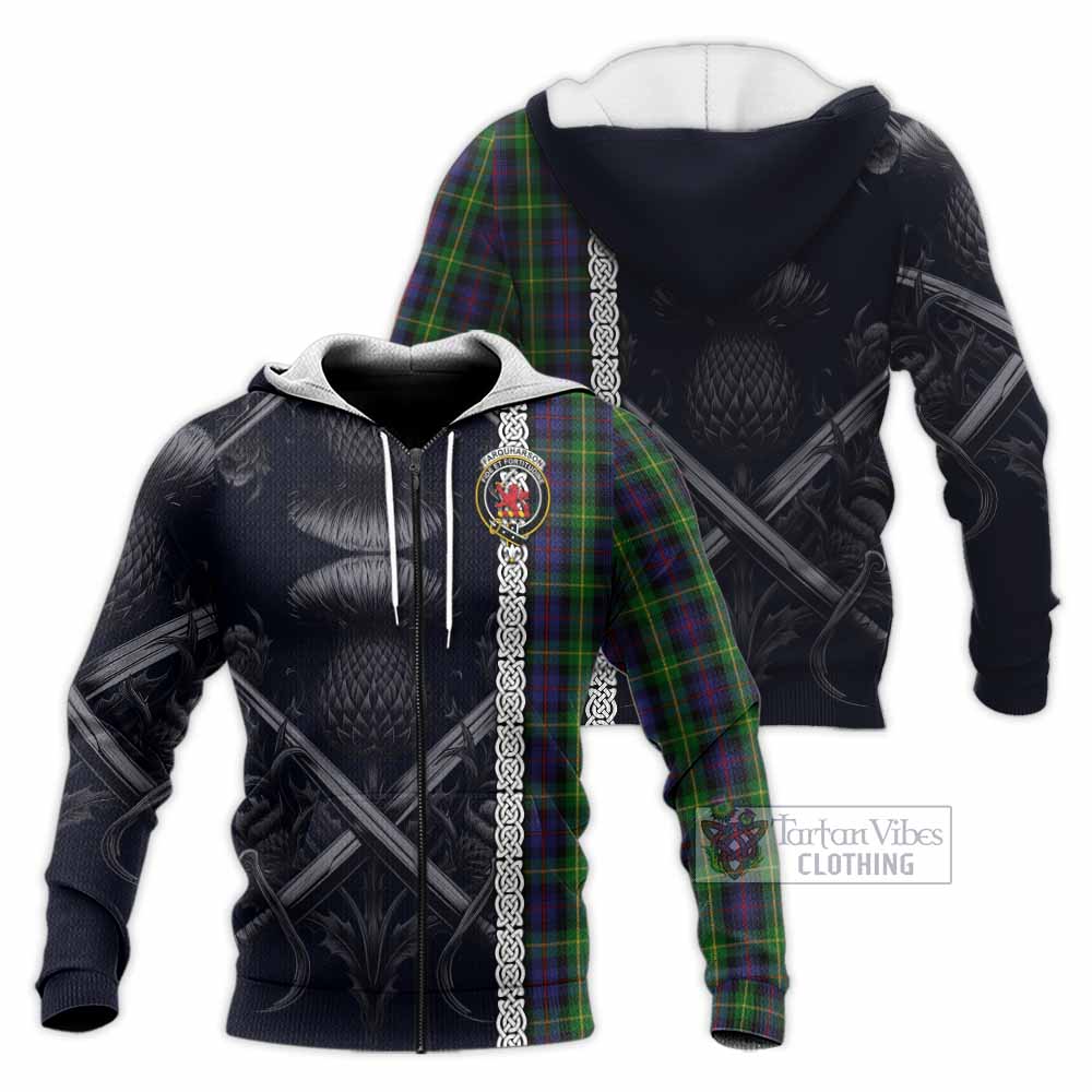 Tartan Vibes Clothing Farquharson Tartan Knitted Hoodie with Family Crest Cross Sword Thistle Celtic Vibes