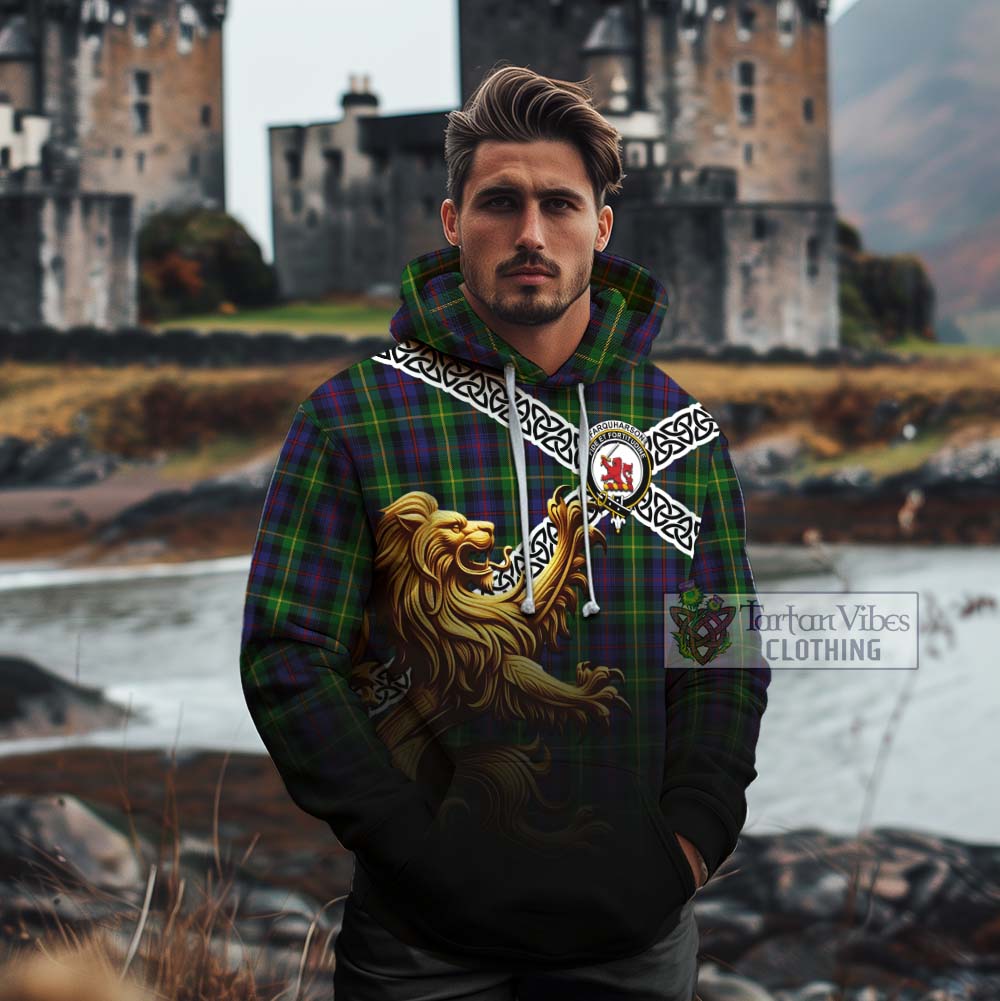 Tartan Vibes Clothing Farquharson Crest Tartan Cotton Hoodie with Golden Lion Emblem Celtic Style
