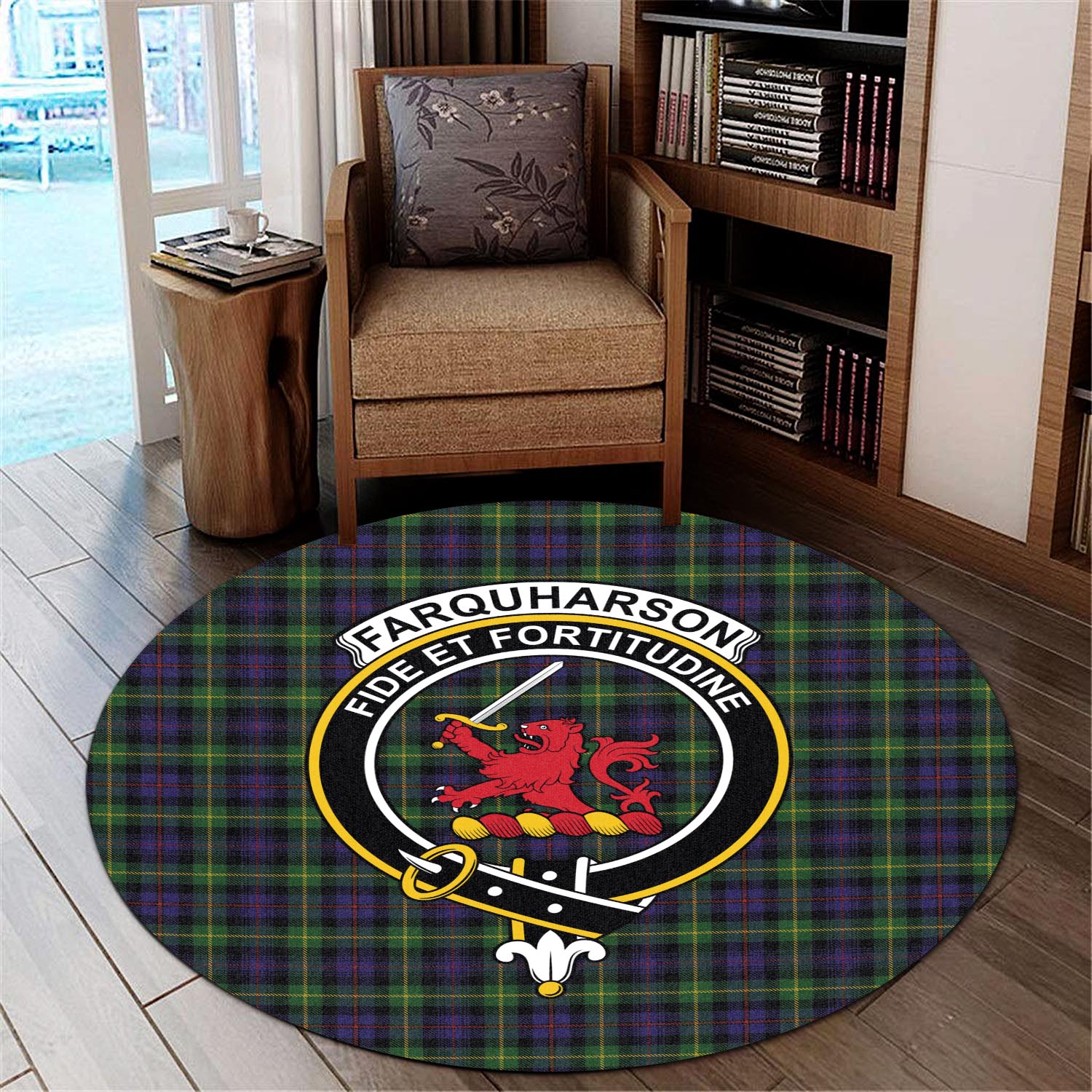 Farquharson Tartan Round Rug with Family Crest - Tartanvibesclothing