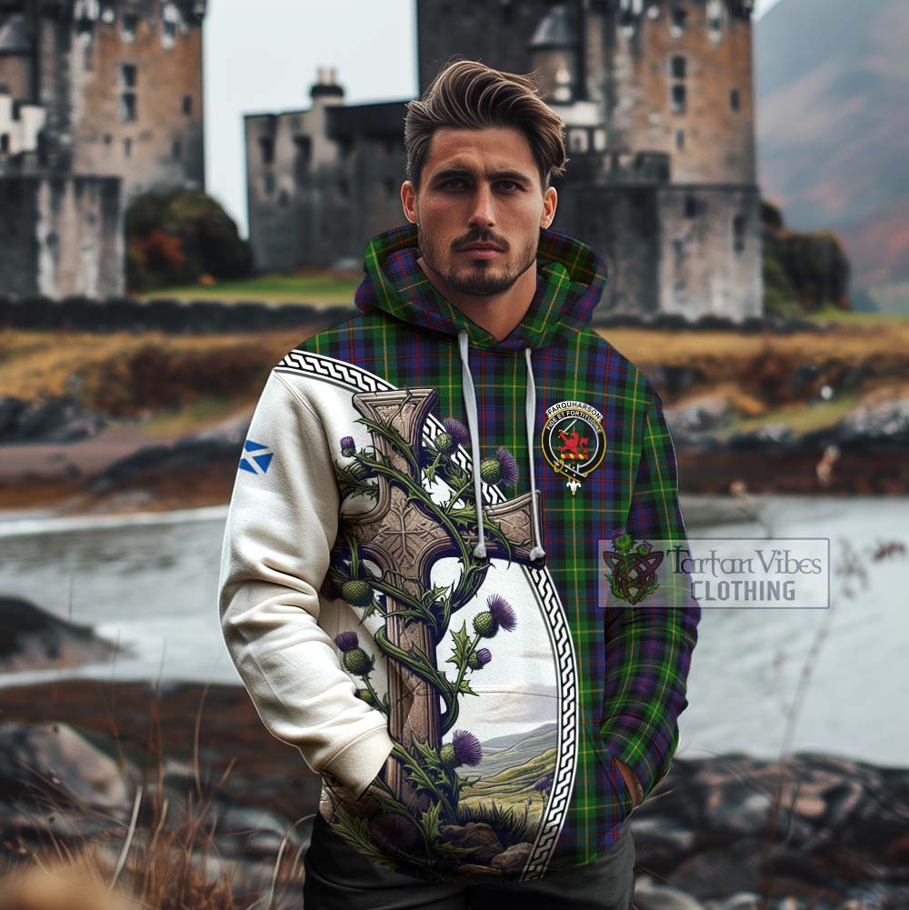 Tartan Vibes Clothing Farquharson Tartan Cotton Hoodie with Family Crest and St. Andrew's Cross Accented by Thistle Vines