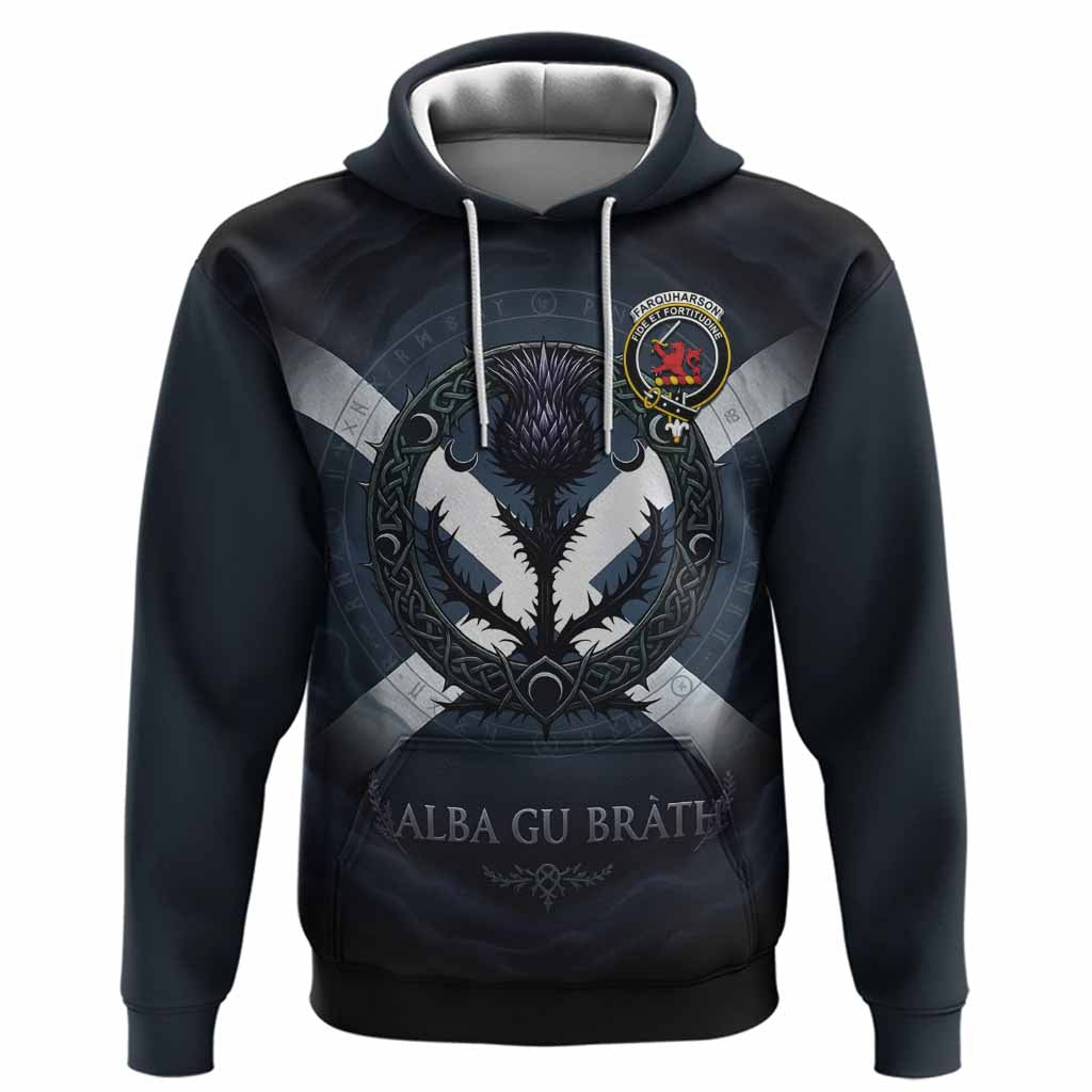 Farquharson Clan Crest Hoodie with Celtic Knot Thistle and Saltire