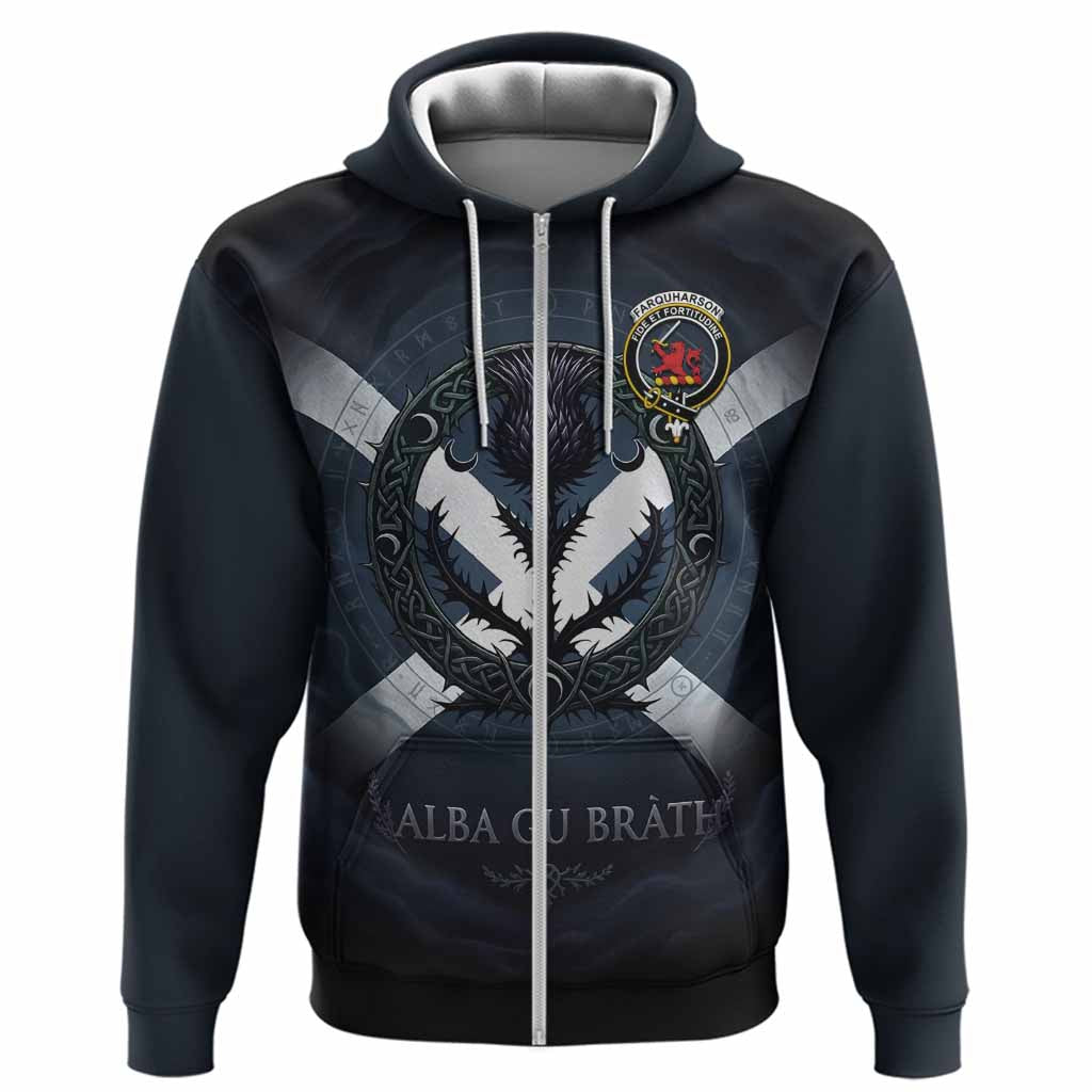 Farquharson Clan Crest Hoodie with Celtic Knot Thistle and Saltire