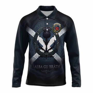 Farquharson Clan Crest Long Sleeve Polo Shirt with Celtic Knot Thistle and Saltire