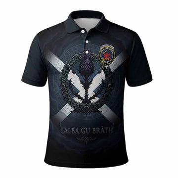 Farquharson Clan Crest Polo Shirt with Celtic Knot Thistle and Saltire