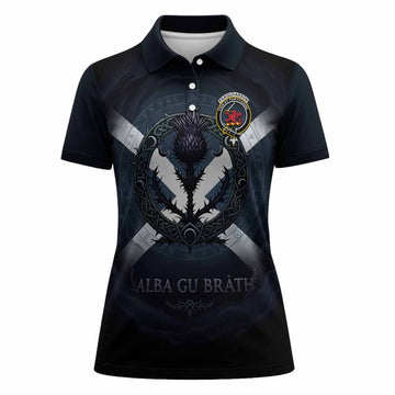 Farquharson Clan Crest Women Polo Shirt with Celtic Knot Thistle and Saltire