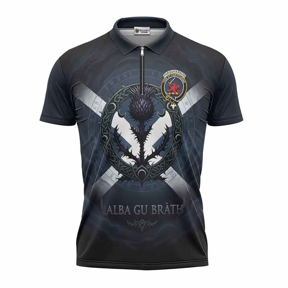 Farquharson Clan Crest Zipper Polo Shirt with Celtic Knot Thistle and Saltire