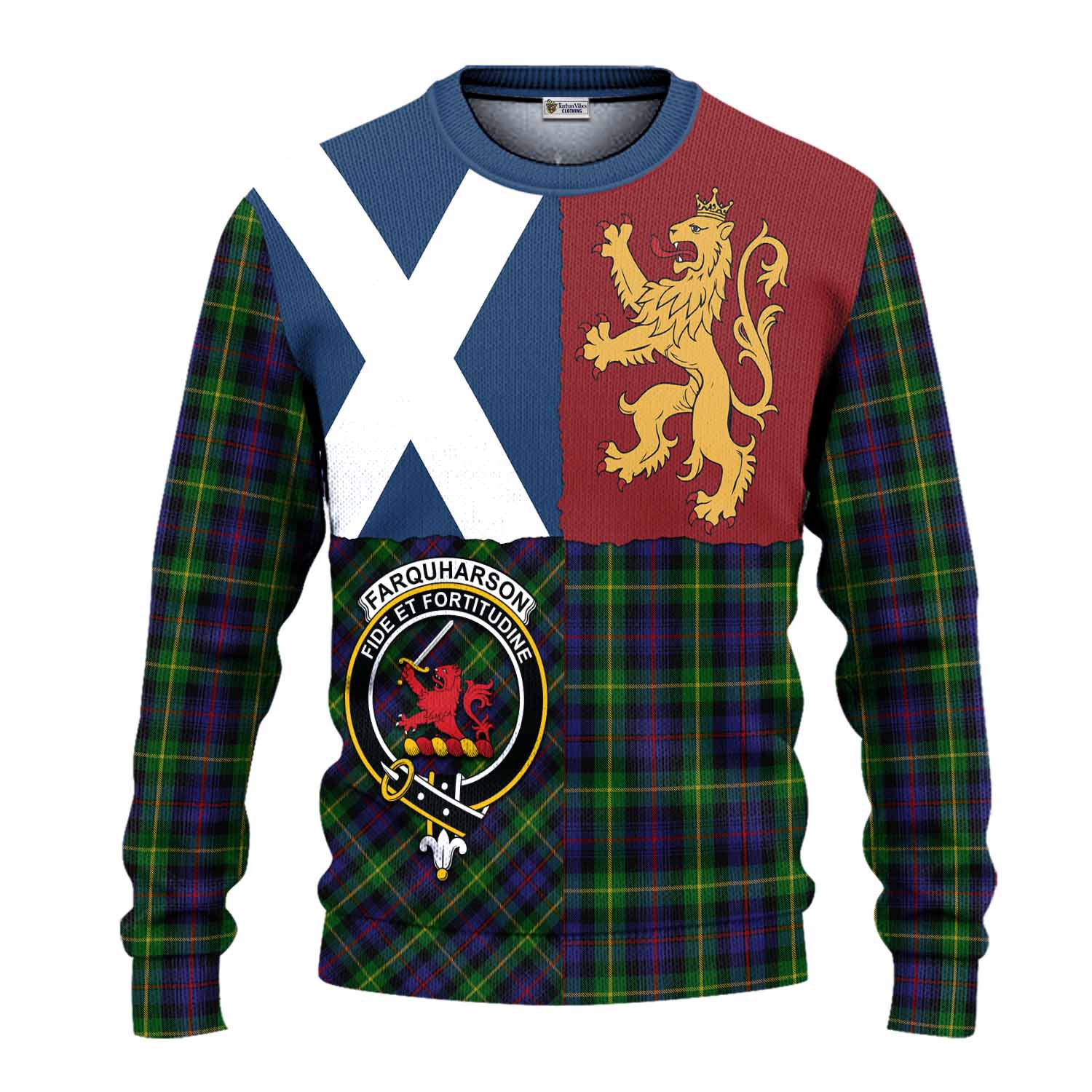 Farquharson Crest Tartan Knitted Sweater with Lion Rampant Saltire Style