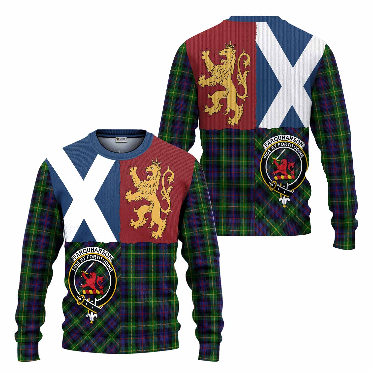Farquharson Crest Tartan Knitted Sweater with Lion Rampant Saltire Style