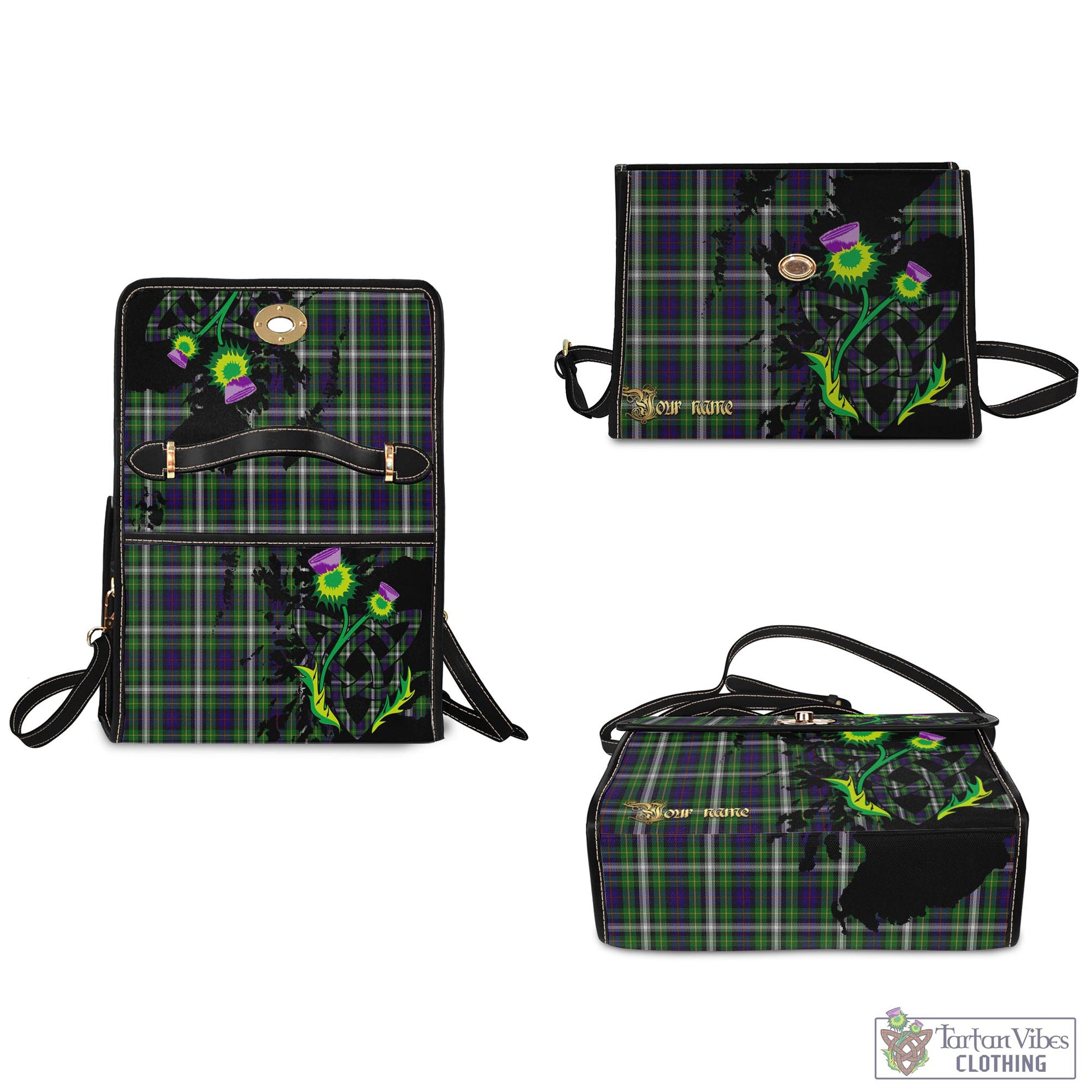 Tartan Vibes Clothing Farquharson Dress Tartan Waterproof Canvas Bag with Scotland Map and Thistle Celtic Accents