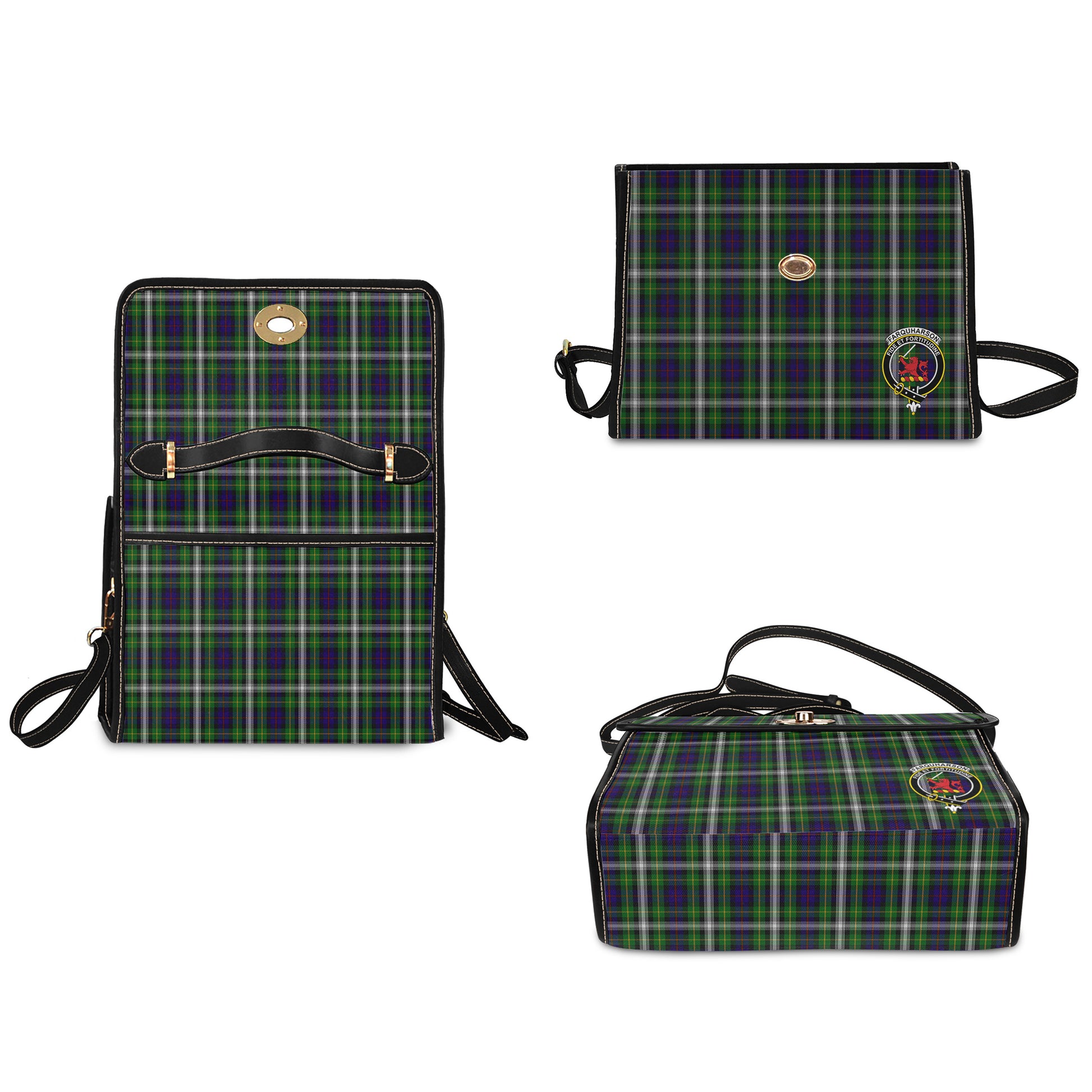 farquharson-dress-tartan-leather-strap-waterproof-canvas-bag-with-family-crest