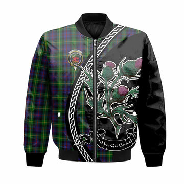 Farquharson Family Crest Tartan Bomber Jacket Alba Thistle Inspired