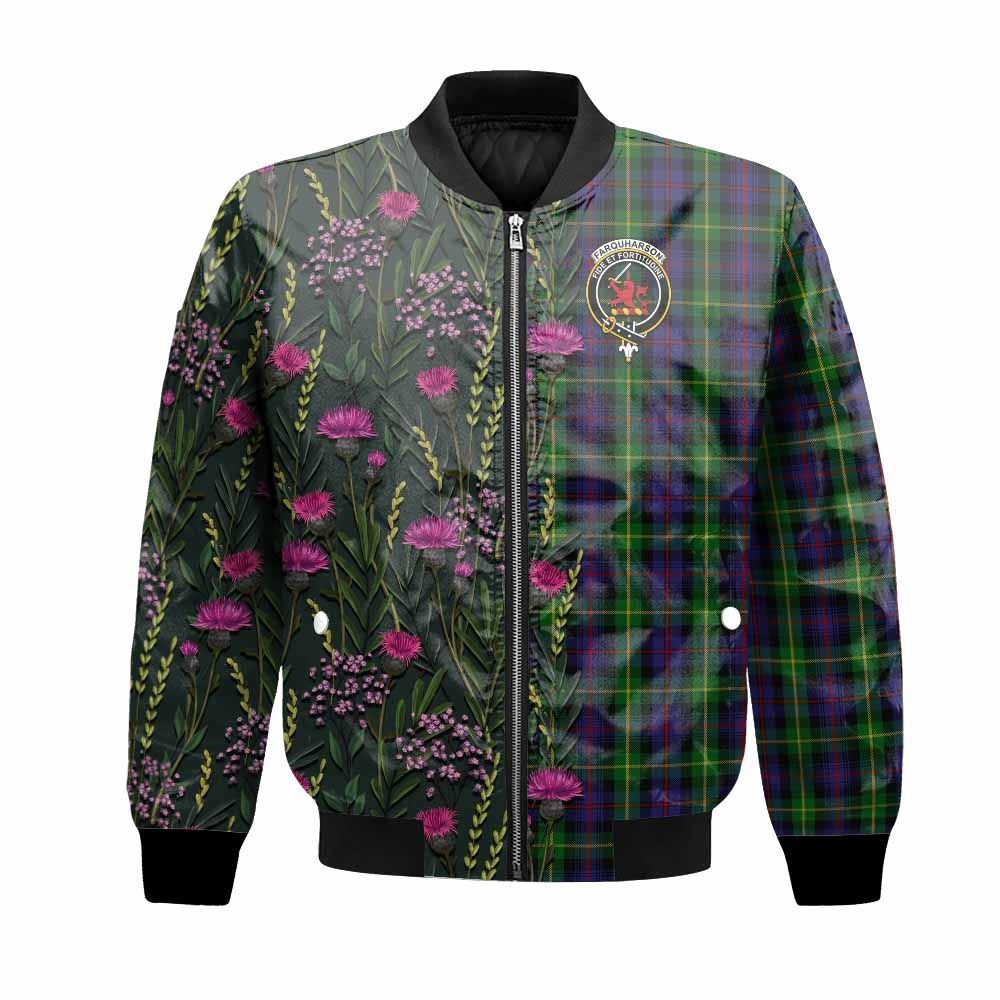 Farquharson Family Crest Tartan Bomber Jacket Scottish Thistle Flower Pattern Half Style - Tartan Vibes Clothing