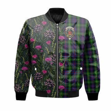 Farquharson Family Crest Tartan Bomber Jacket Scottish Thistle Flower Pattern Half Style