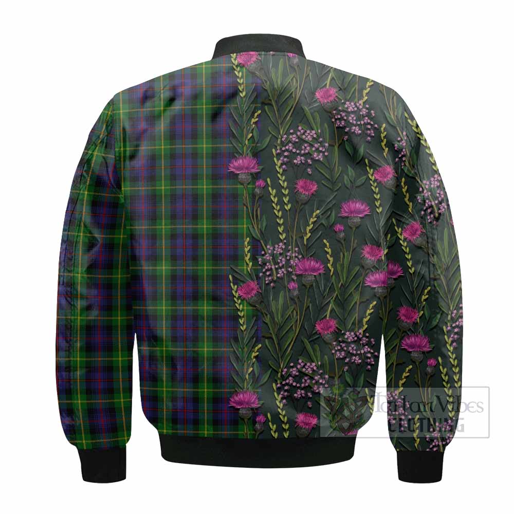 Farquharson Family Crest Tartan Bomber Jacket Scottish Thistle Flower Pattern Half Style - Tartan Vibes Clothing