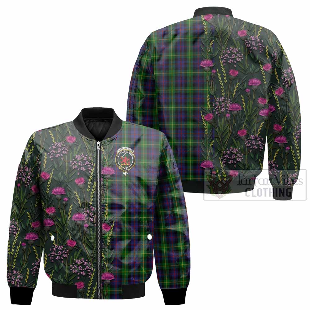 Farquharson Family Crest Tartan Bomber Jacket Scottish Thistle Flower Pattern Half Style - Tartan Vibes Clothing