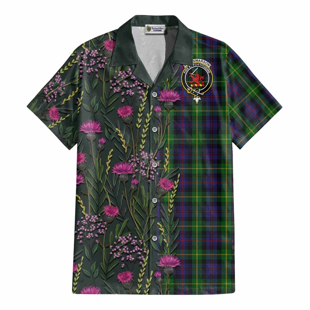 Farquharson Family Crest Tartan Cotton Hawaiian Shirt Scottish Thistle Flower Pattern Half Style - Tartan Vibes Clothing
