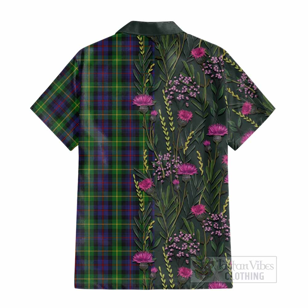 Farquharson Family Crest Tartan Cotton Hawaiian Shirt Scottish Thistle Flower Pattern Half Style - Tartan Vibes Clothing