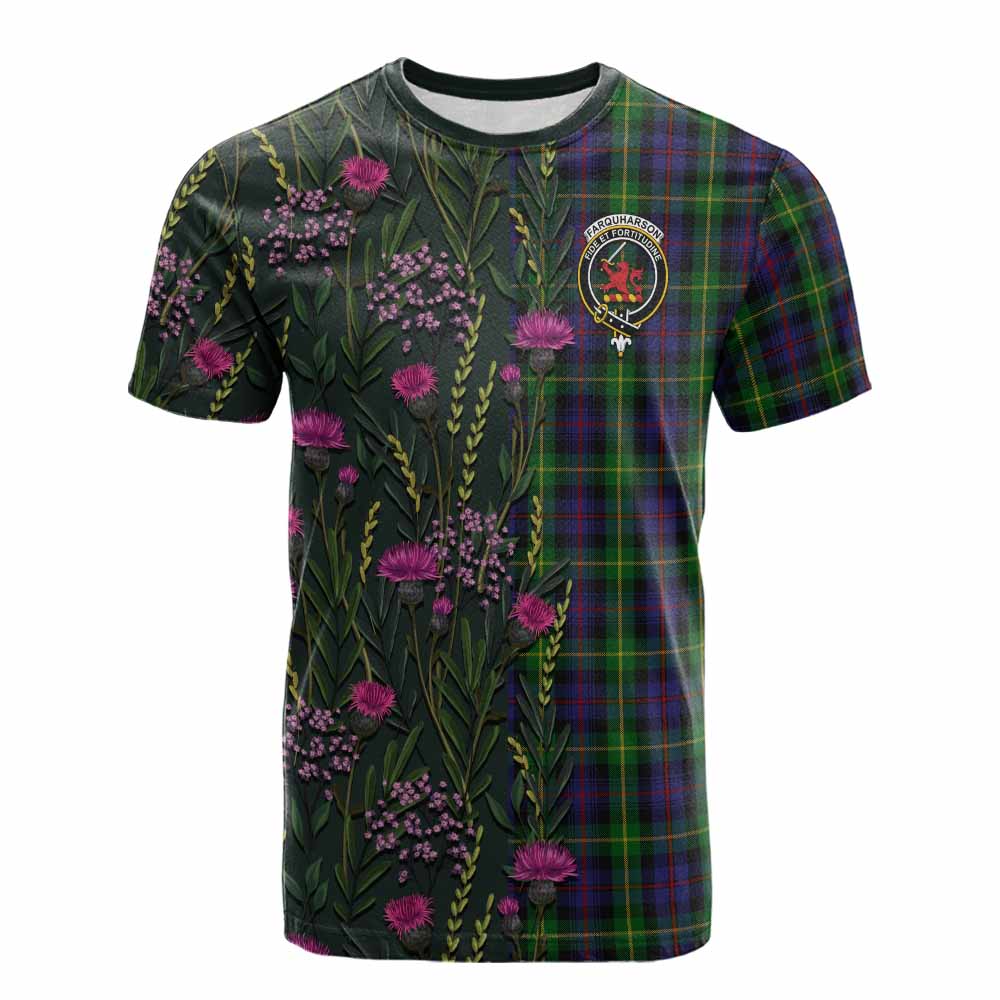 Farquharson Family Crest Tartan Cotton T-shirt Scottish Thistle Flower Pattern Half Style - Tartan Vibes Clothing