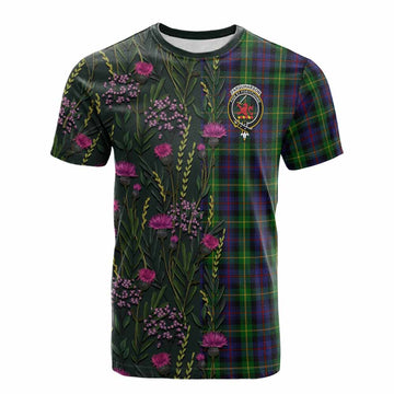 Farquharson Family Crest Tartan Cotton T-shirt Scottish Thistle Flower Pattern Half Style