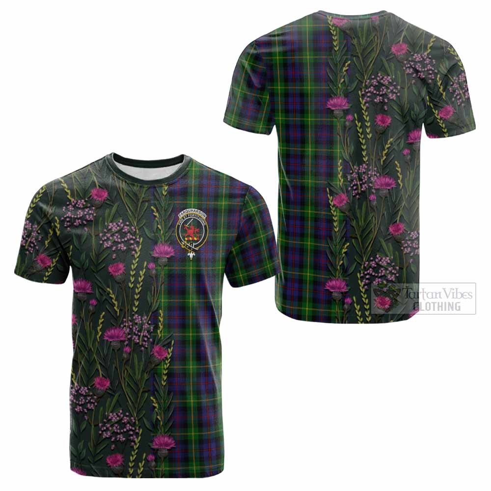 Farquharson Family Crest Tartan Cotton T-shirt Scottish Thistle Flower Pattern Half Style - Tartan Vibes Clothing
