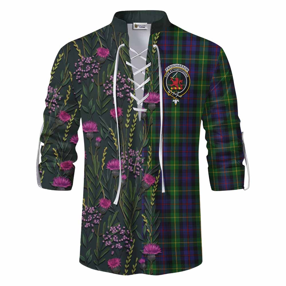 Farquharson Family Crest Tartan Ghillie Shirt Scottish Thistle Flower Pattern Half Style - Tartan Vibes Clothing